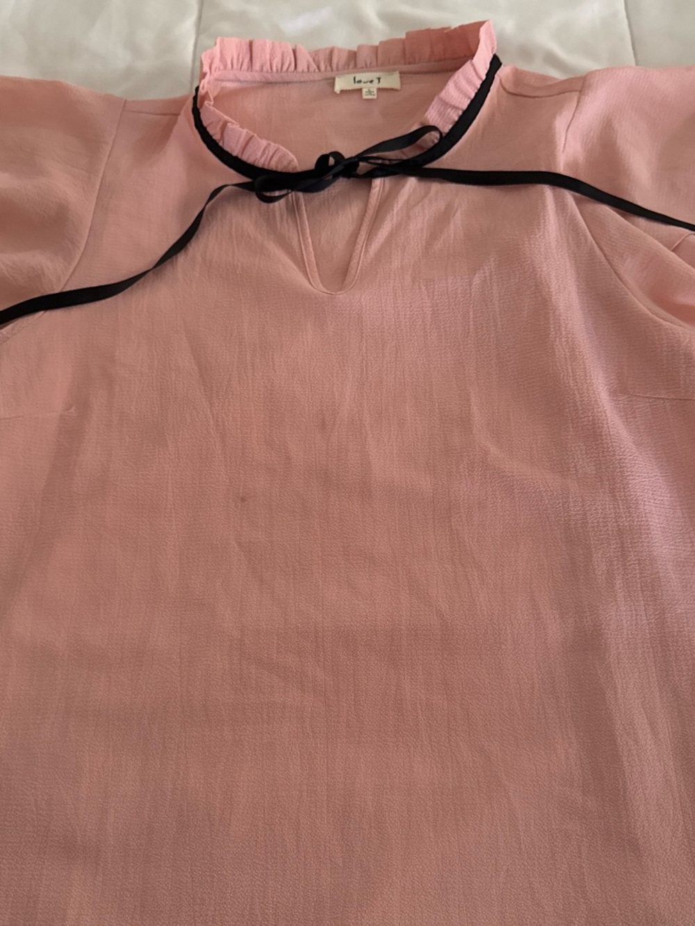 Love Pink Ruffle Tie-Neck Blouse with Black Ribbon